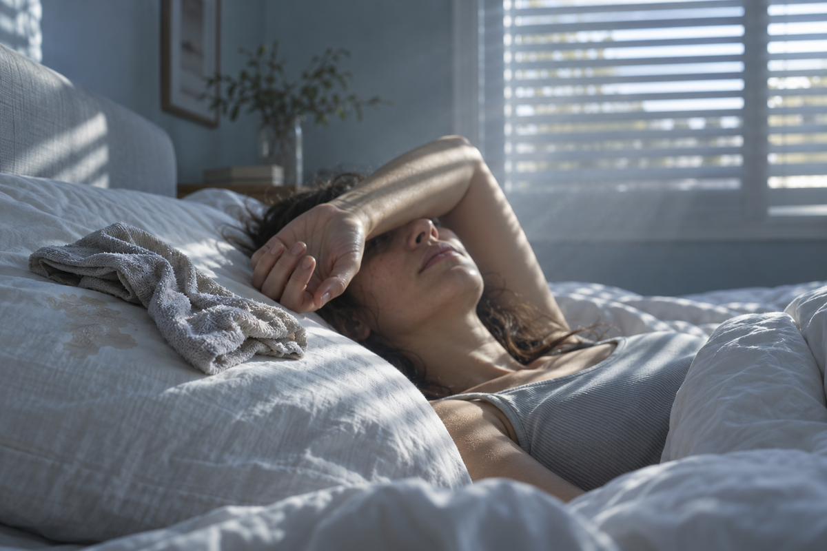 Mujer tumbada en la cama en plena tarde, con un paño frío que se ha deslizado sobre la almohada y la luz de la persiana atravesando la habitación