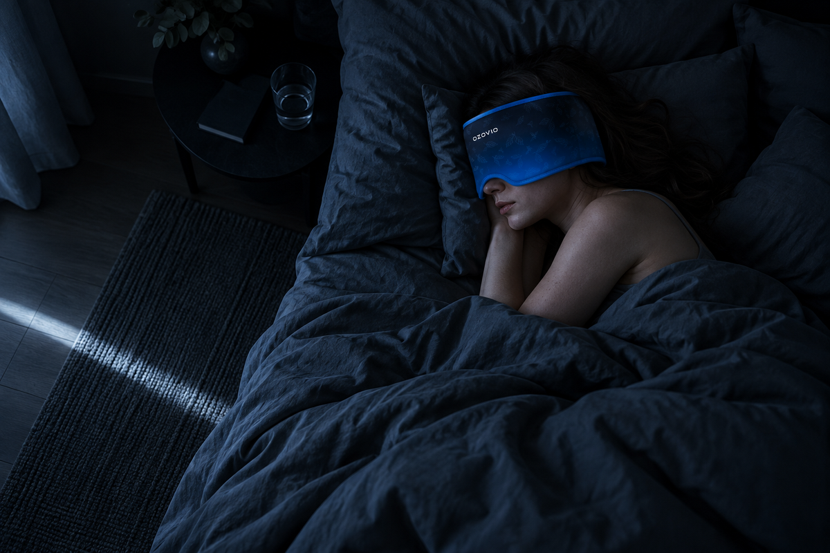 Vista cenital de una habitación a oscuras: mujer dormida con la máscara OZOVIO, la luz del exterior se detiene en el suelo